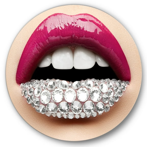 Designart 'Girl Lips With Pink Lipstick White Diamonds' Modern Circle Metal Wall Art 36x36 - Disc of 36