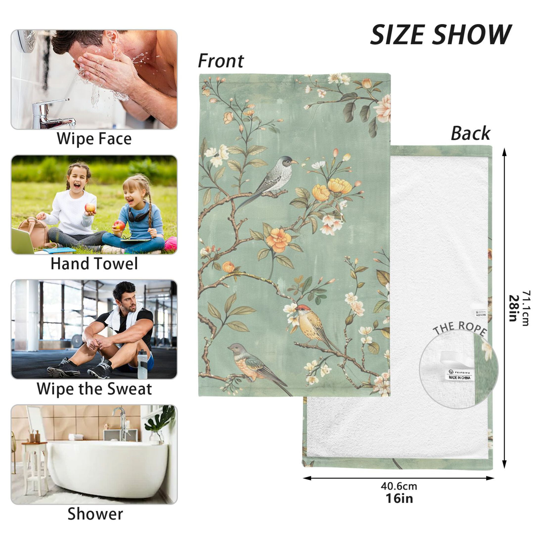 Vintage Chinese Bird and Flower Hand Towel Set 2 Pcs Cotton Absorbent Soft Face Towels 400 GMS Bath Towels for Bathroom Kitchen Shower Hotel Decor 16"x28"