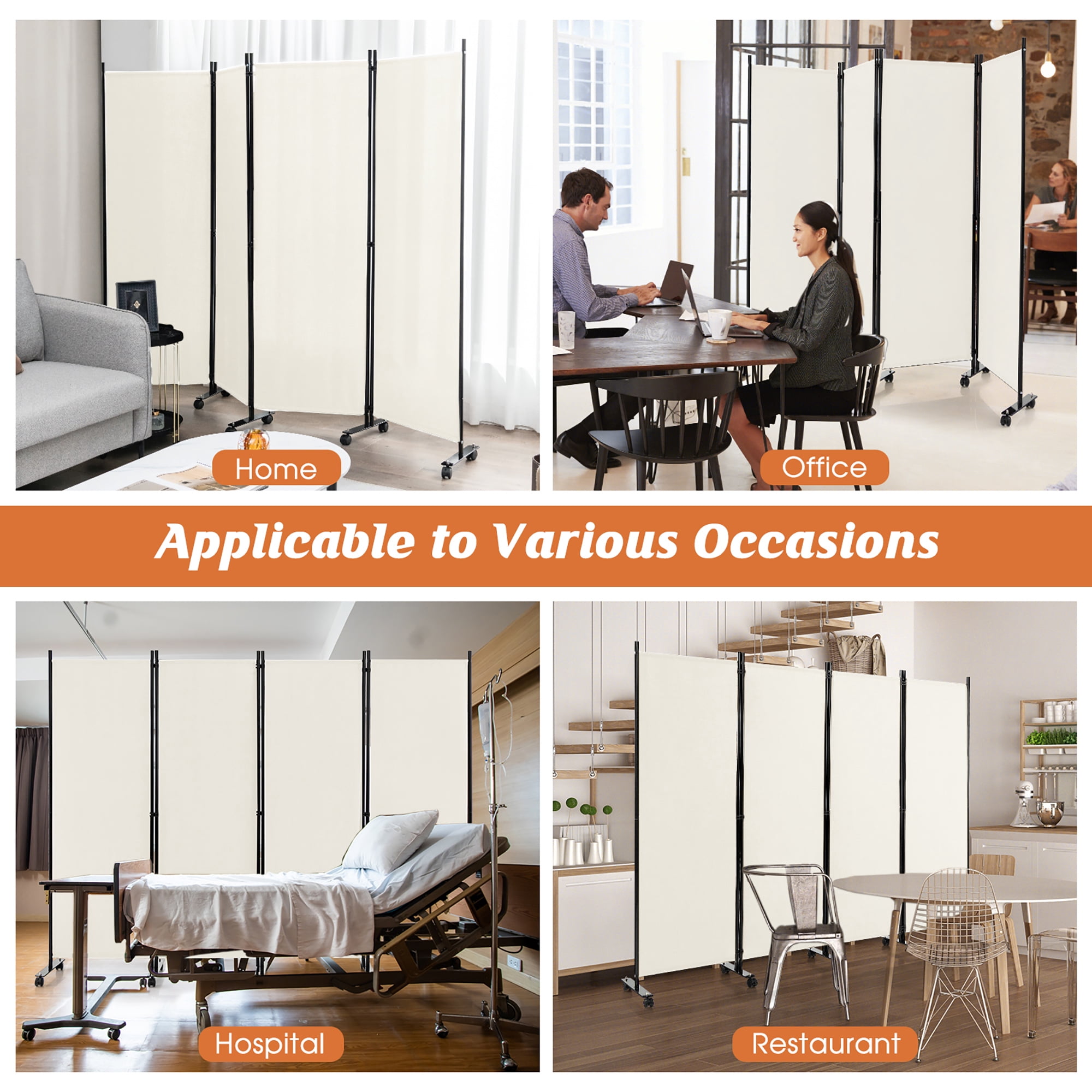 Costway 4-Panel Folding Room Divider 6FT Rolling Privacy Screen with Lockable Wheels White
