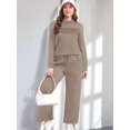 thumbnail image 4 of Two Piece Sets for Women Fall Outfits Long Sleeve Lounge Sets Side Slit Wide Leg Pants Camel Color M, 4 of 7