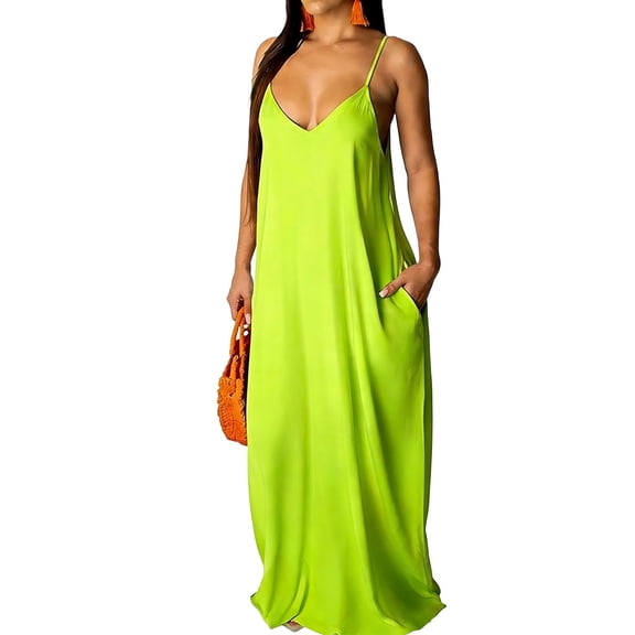 Qiopertar Bohemian Sleeveless V-Neck Backless Dress for Women Boho Print Maxi Dress Casual Vacation Beach Party Off Shoulder Slit, Green 3XL