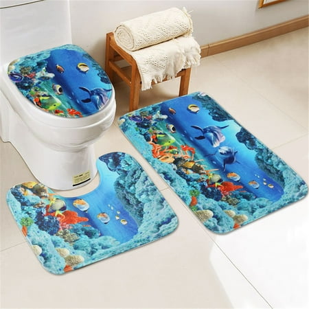 3pcs Blue Ocean Style Dolphin Fish Bathroom Set Non Slip Pedestal 3pcs Blue Ocean Style Dolphin Fish Bathroom Set Non Slip Pedestal Rug Lid Toilet