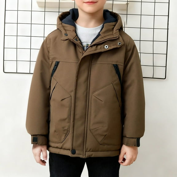 Cethrio Boys Winter Coats Size 10-12, Warm Windproof Full Zip Thickened Winter Jackets with Hood Coffee Size 10-12