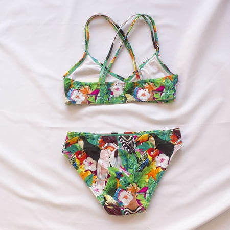 

Gubotare Vacation Wind Tropical Rainforest Print Stagger Strap Girls Bikini Swimsuit Kids Bikini Green 11-12 Years