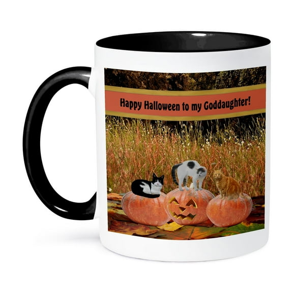 3dRose, Three Cats on Three Pumpkins, Happy Halloween to my Goddaughter, 11oz Two-Tone Black Mug