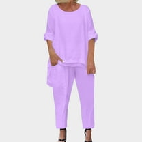 Scyoekwg Summer Outfits for Women 2 Piece Short Sleeve Round Neck Tops Jogger Pants Casual Tracksuit Sweatsuits Sets Loose Solid Color Trendy Outfits (Purple,L)