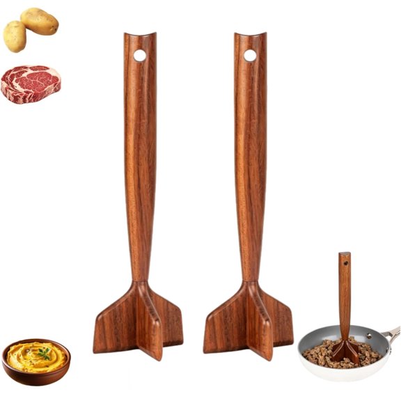 Wooden Ground Beef Masher, Heavy Duty Wooden Meat Chopper, Custom-Made Natural Teak Manual Crusher, Multi-Use Durable Pounder Separator Kitchen Utensils