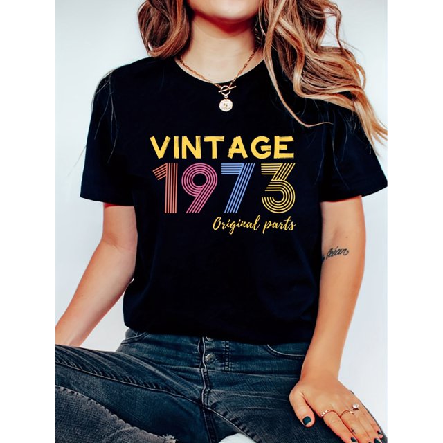 Vintage 1973 Print Casual Sports T-shirt, Round Neck Workout Short Sleeves Tops, Women's Activewear