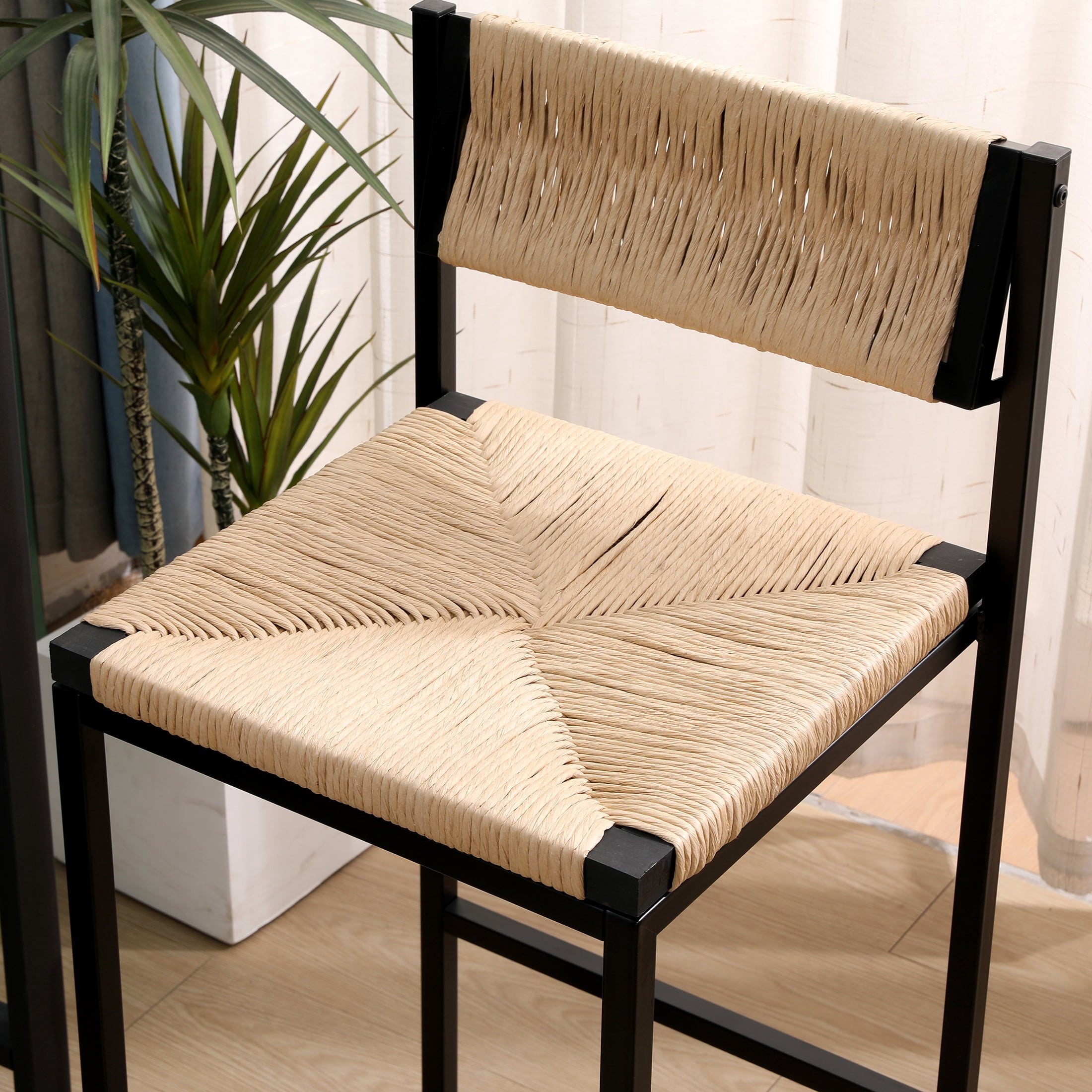 SYNGAR Bar Stools with Back Sets of 2, Woven Bar Chair with Metal Legs, Counter Height Bar Stools, Bar Chairs for Kitchen Bars Restaurants, Tufted Barstools Set, Honey