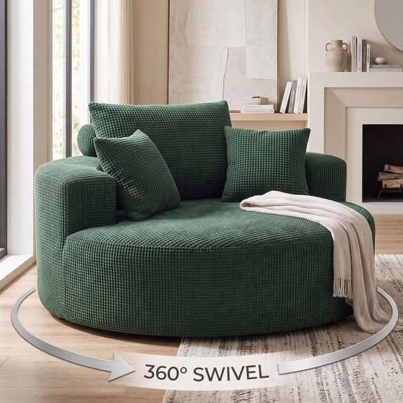 OMNIBERG Oversized 360° Swivel Round Sofa Bed, Chenille Boneless Chaise Lounge Chair with Deep Seat, Wide Armrests and 3 Pillows, Cozy Sleeper Couch for Living Room, Green