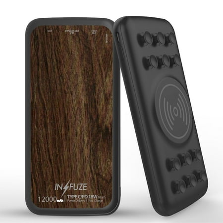 

INFUZE Qi Wireless Portable Charger for Samsung Galaxy A32 5G External Battery (12000 mAh 18W Power Delivery USB-C/USB-A 3.0 Ports Suction Cups) with Touch Tool - Brown Wood Print