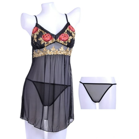 Black Negligee - Anna-Kaci S/M Fit Black Fairy Tale Princess Glamour Rose Embroidered Negligee
