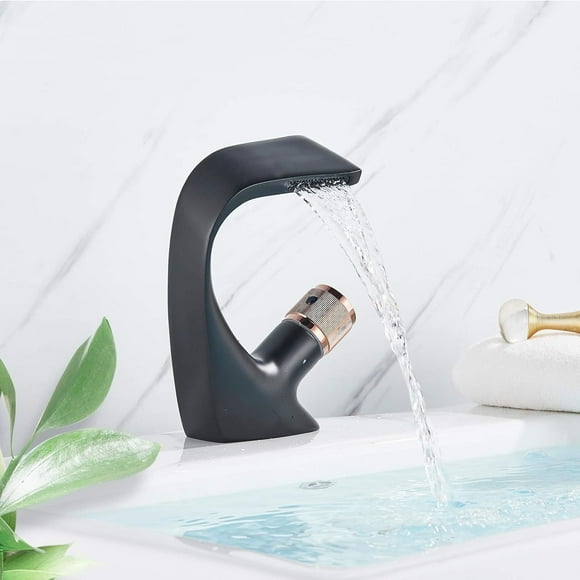 Luxury Bathroom Faucet, Solid Brass Basin Faucet For Various Bathroom Styles, Unique Design With 180° Rotatable Handle And Waterfall Outlet, Convenient Multiroom Use Black Finish
