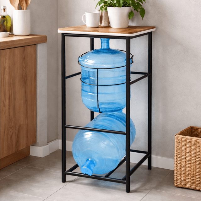 Porta Garrafón Doble 20L con Mesa de Madera | Soporte Metálico para Cocina u Oficina