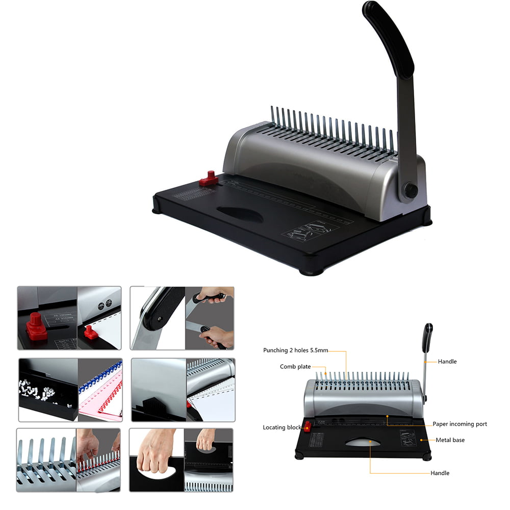 Steel Comb Coil Binding Machine A4 21 Holes 450 Sheets Comb Paper Binder Rubber Band Clip Puncher Book Paper Binder Suitable for Office School 