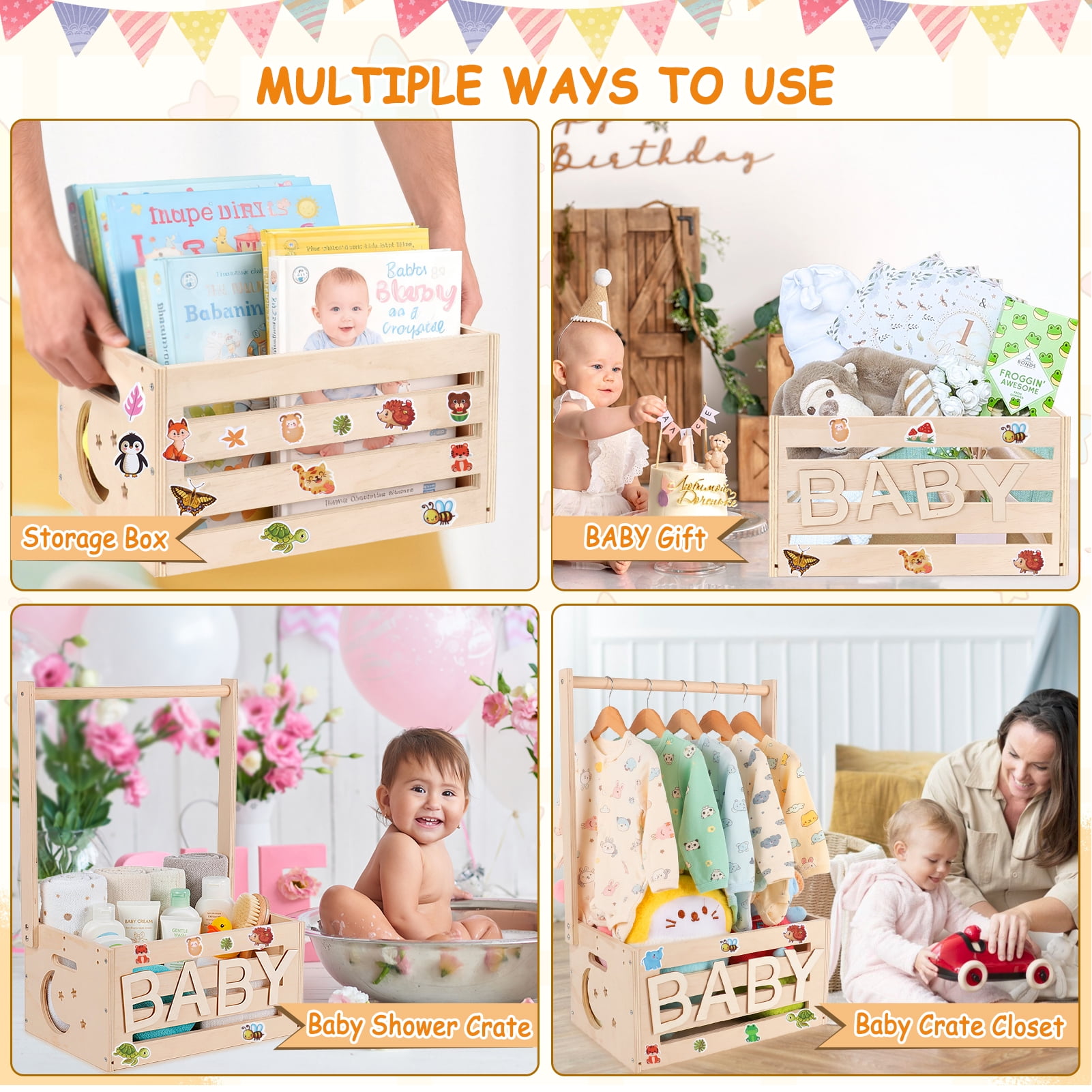 Baby Shower Crate Closet, Wooden Baby Shower Gift Baskets, Personalized Baby Basket for New Baby Gift