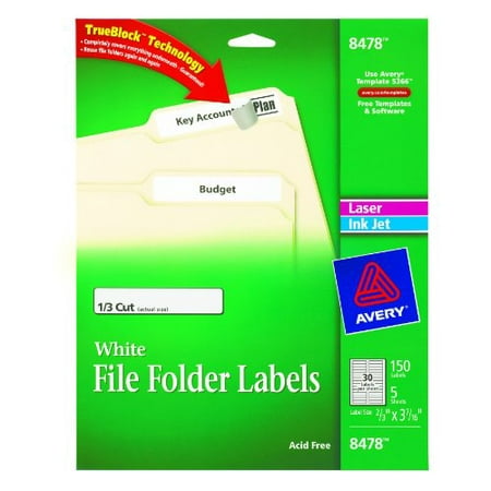 Avery(R) White File Folder Labels for Laser and Inkjet Printers 8478, 2/3" x 3-7/16", Pack of 150