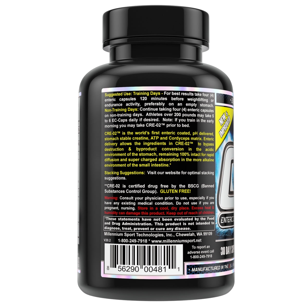 CRE O2, Enteric Coated Stomach Stable Delivery Creatine + Cordyceps + Rhodiola + Jiaogulan from MST, BSCG Certified, 120 Enteric Coated Veggie Caps, Suitable for Women & Men