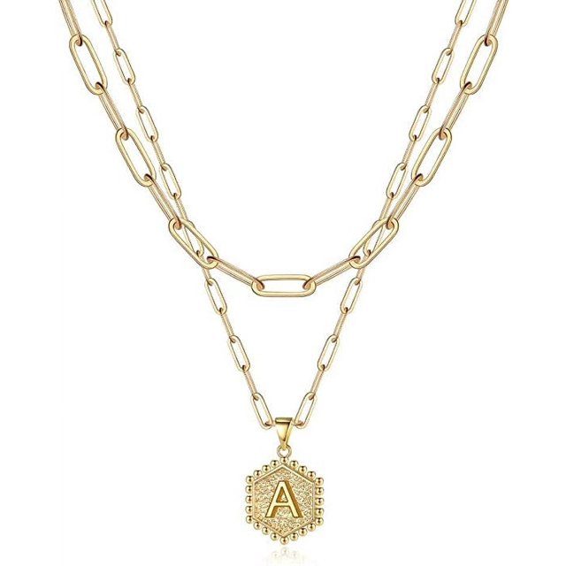 Collares con iniciales en capas para mujer, collar de cadena con clip, hexag simple y lindo
