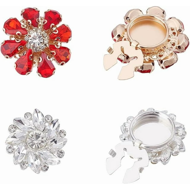 4Pcs 2 Styles Rhinestone Buttons Cover Button Cover Sleeve Buttons Cover Flower Buttons Cover Detachable Shirt Button Clips for Dress Suit Tux Shirt Accessories Red