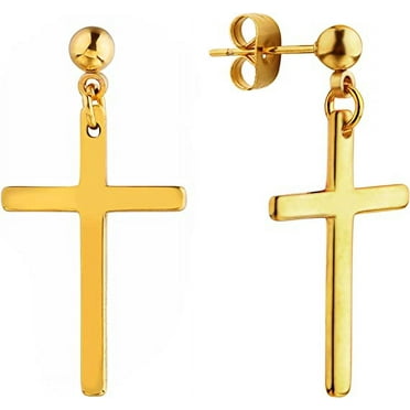 Zhuge Stainless Steel Earrings Cross Dangle Studs Earrings piercing Jewelry For Men and Women (pair of gold)