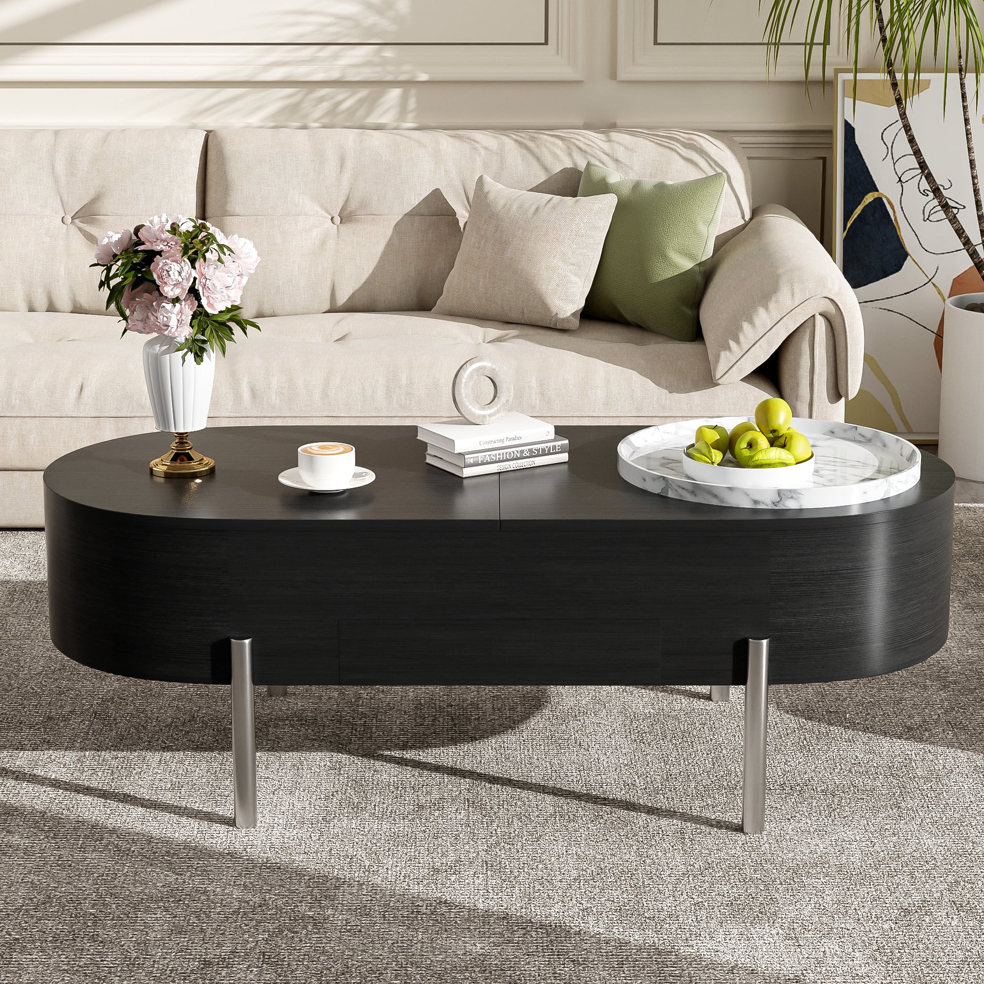 Euroco 47.2''Lift Top Coffee Table with 360-degree Marble-patterned rotating tray,Hidden Compartment, Partially Assembled Wooden Center Table, Modern Oval Lift Tabletop