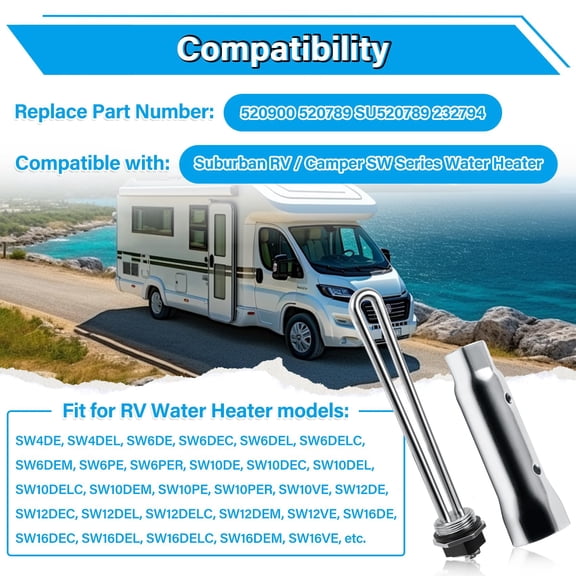 1 Pack RV Water Heater Heating Replacement Kit, 1440W 120V Screw-In Type, Fits SW Series Electric Water Heaters, Includes Gasket and Wrench Socket, Replaces 520789 232794