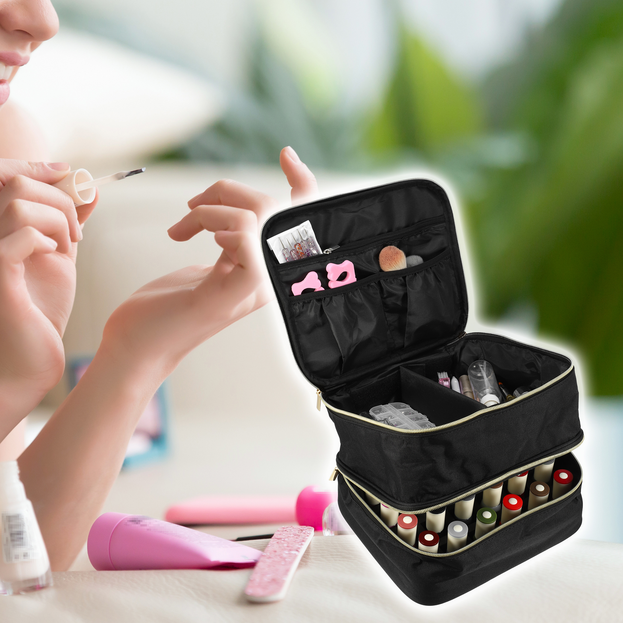 Unique Bargains Floral Makeup Bag Zipper Flower Cosmetic Pouch Black