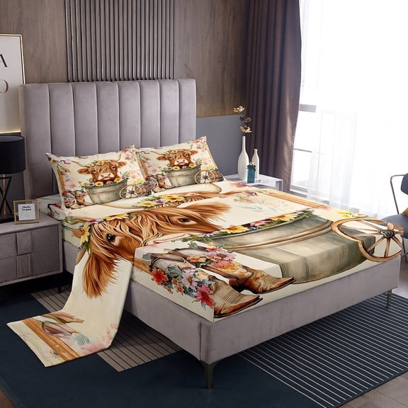 Erosebridal Kawaii Highland Cattle Bed Sheets Twin , Western Cowboy Cowgirl Boots Bedding Sets Twin Size, Colorful Flower Room Decor 3pcs