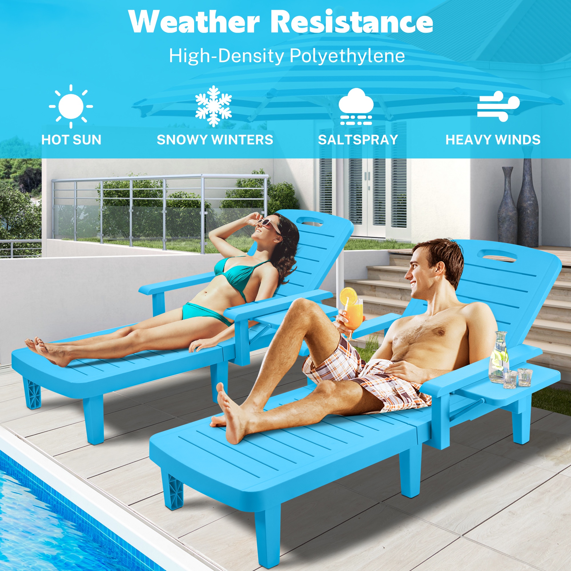 Outdoor Chaise Lounge Chair Furniture Sets of 2, Segmart Patio Pool Recliner, Chaise Chairs Set with Wide Armrest, Side Table, 5-Level Angles Adjust Backrest, Max Weight 440lbs, Blue
