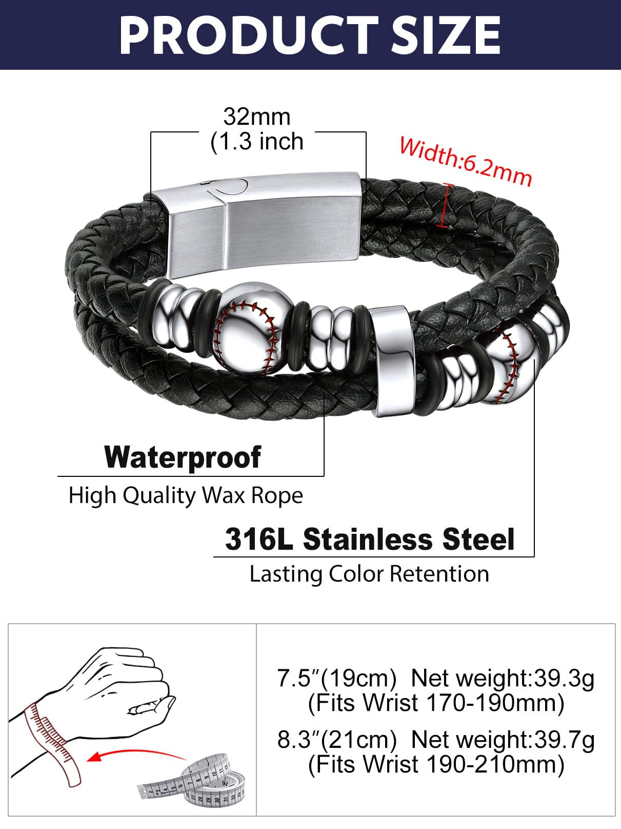 Bandmax Black Leather Bracelets for Men Double-Layer Baseball Braided Rope Bracelet with Stainless Steel Baseball Beads Wristband Wrist Bangle for Birthday Gift
