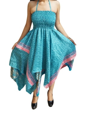 Mogul Womens Vintage Halter Recycled Sari Dress Handkerchief Hem Two Layer Printed Summer Resort Fashion Sundress S/M