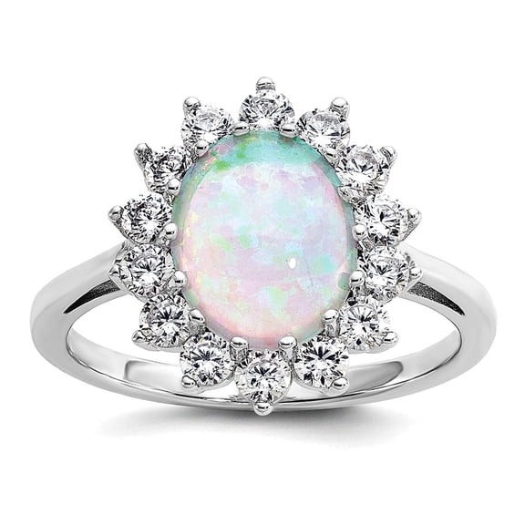 15.3mm Ss Rhodium Plated Simulated Opal and Cubic Zirconia Oval Halo Ring Size 6 Ring for Women