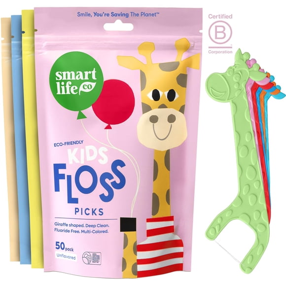 Hilo dental SmartLifeco biodegradable* para niños, sin sabor, sin flúor ni PFA, divertido hilo dental animal para dientes de niños pequeños, ecológico y compostable*, 200 veces