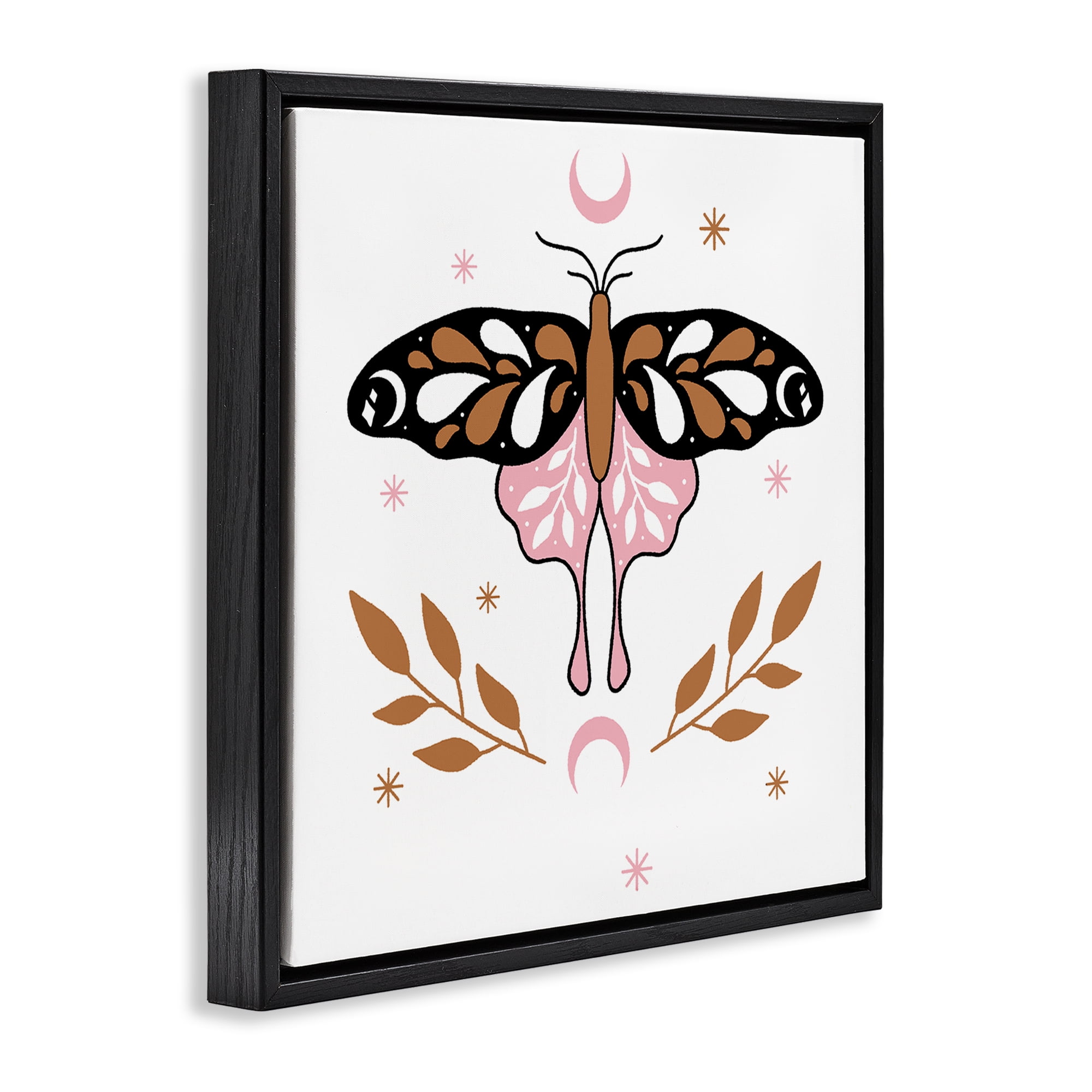 Stupell Industries Moth & Crescent Moons Animals Painting Black Floater Framed Canvas Art Print Wall Art, 25 x 25