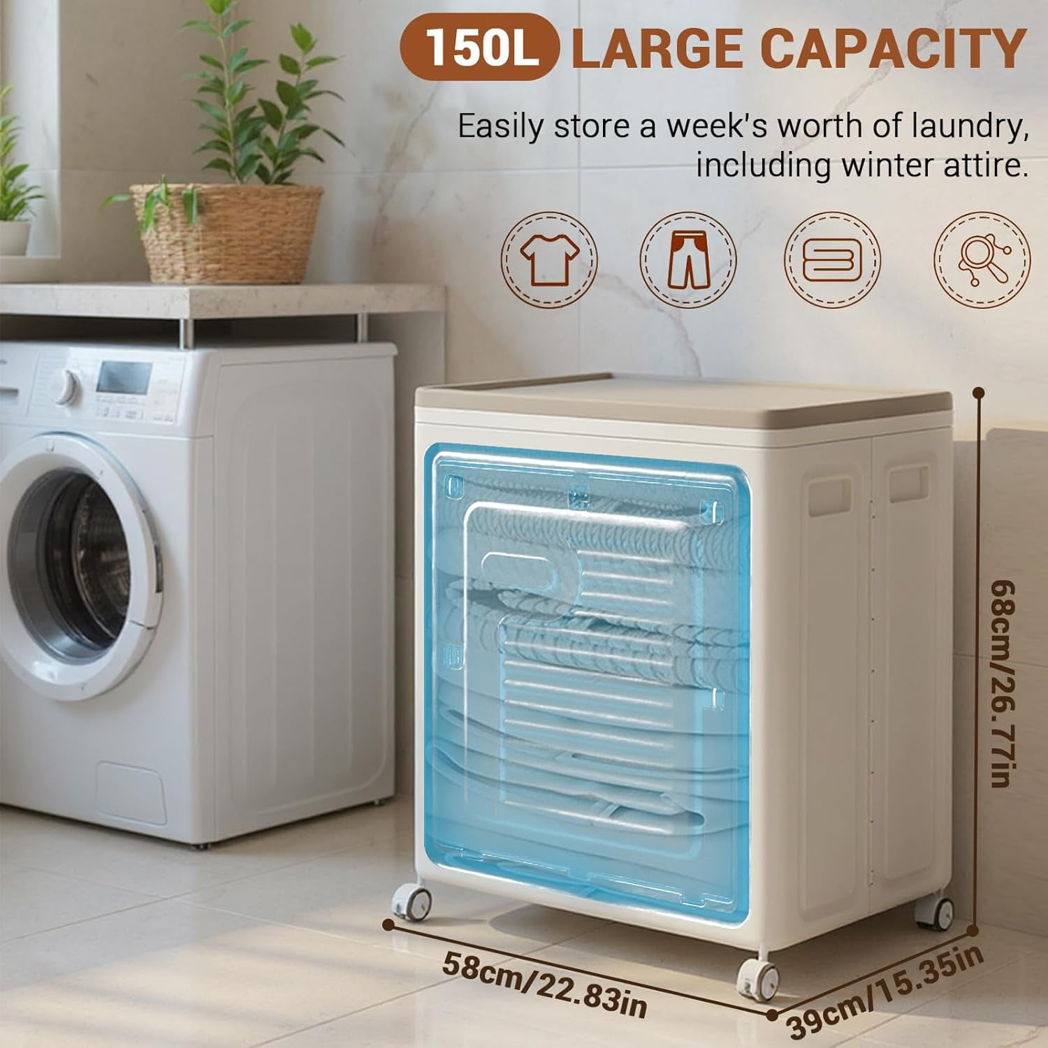 Rolling Laundry Hamper With Lid, Clothes Storage Box Household 123L Large Clothes Capacity Flip Clothing Quilt Storage Box Bedroom Foldable Storage Box