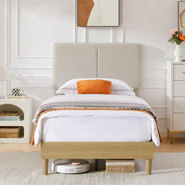 VECELO Cadre de Lit Rembourré Format Simple avec Tête de Lit Réglable, Lattes de Bois Robustes, Aucun Sommier Requis, Beige