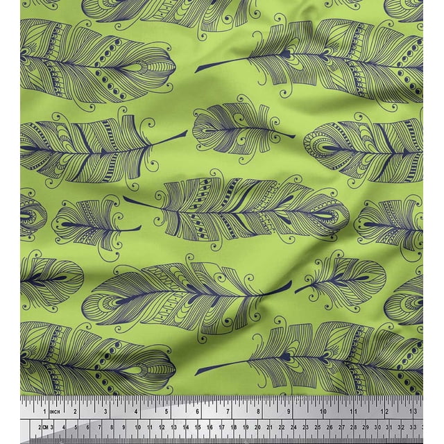Soimoi Green polyester Crepe Fabric Tribal Feather Printed Craft Fabric by the Yard 52 Inch Wide