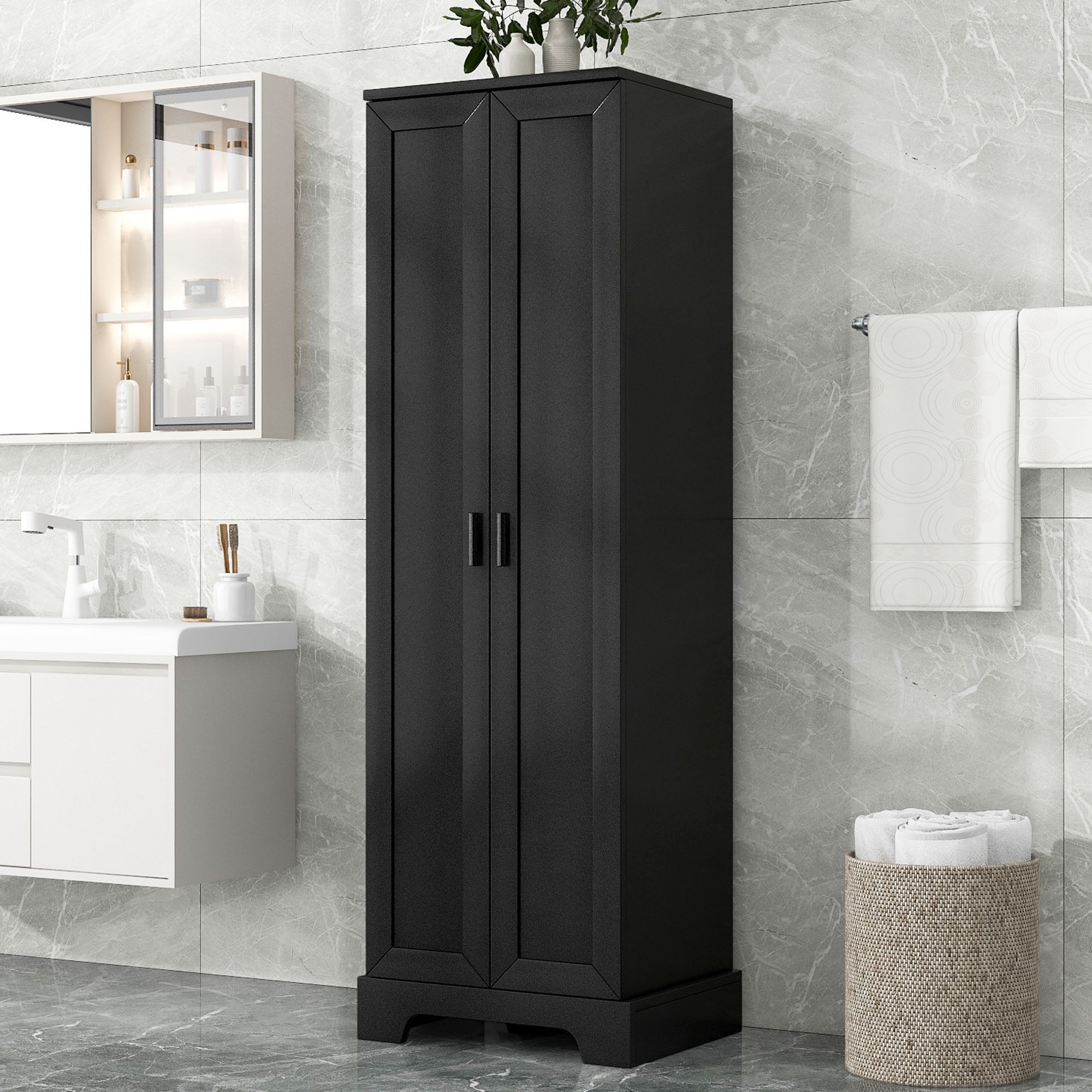 S-HOME Black Storage Cabinet with Two Doors, Adjustable Shelf and Durable MDF Board for Bathroom or Office Organization