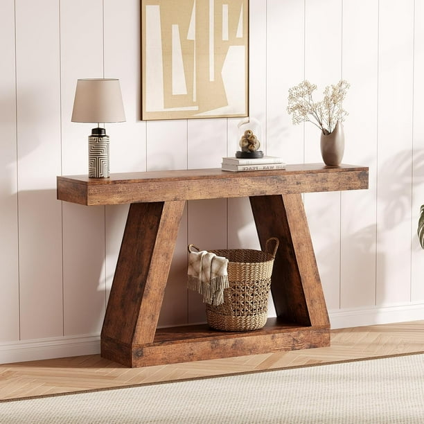 Historyli Acekid - Mesa consola estrecha de 55 pulgadas y 2 niveles,estilo rústico,de madera con estante abierto para entrada y pasillo,color marrón