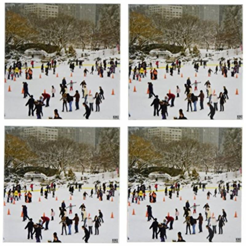 3dRose Snow blizzard in Central Park Manhattan New York City Ice Skate Ring, Ceramic Tile Coasters, set of 4 by 3dRose