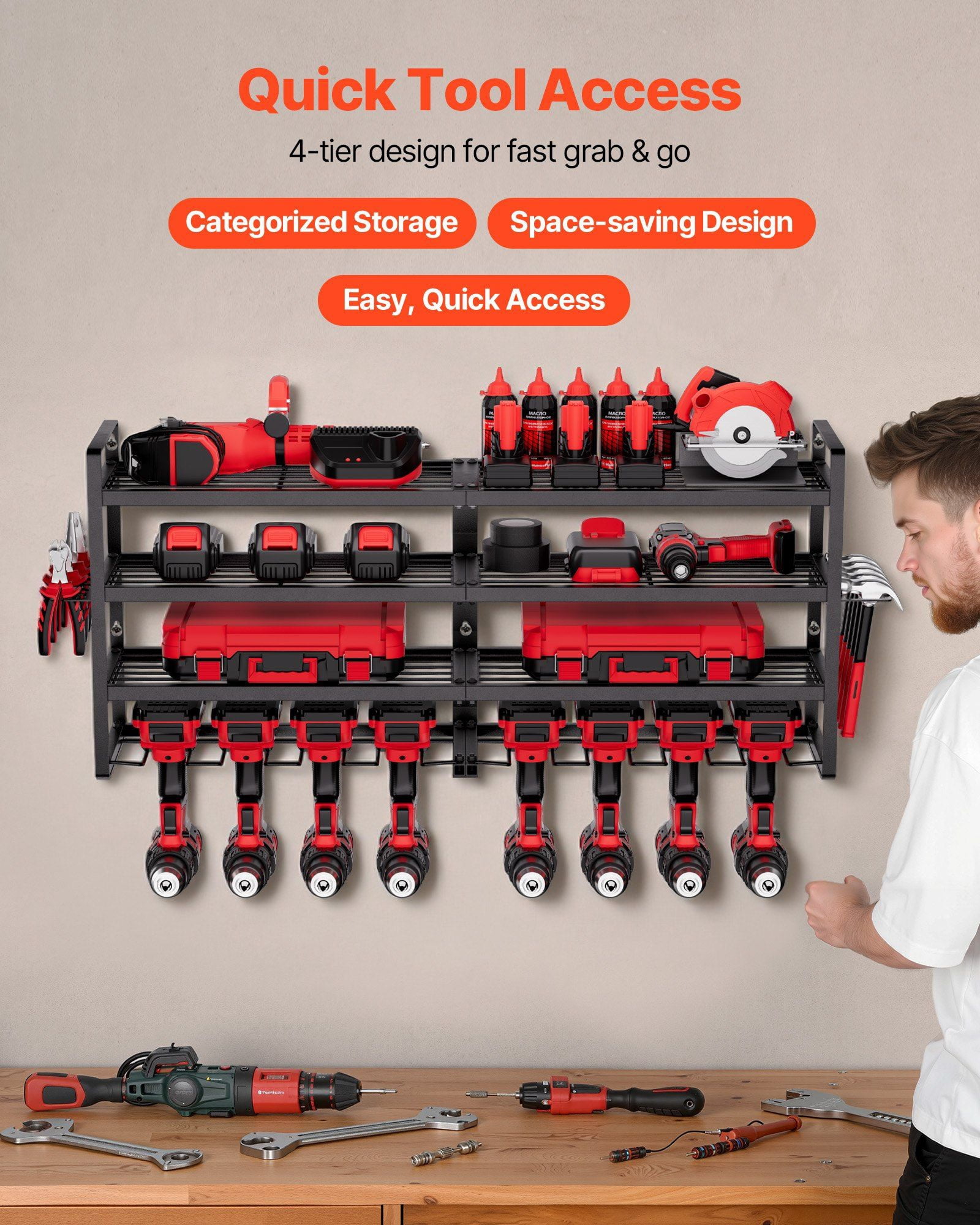 Wall Mount Power Tool Organizer 4 Layer Storage Rack with 8 Drill Holders and Screwdriver Holder for Garage Workbench Workshop