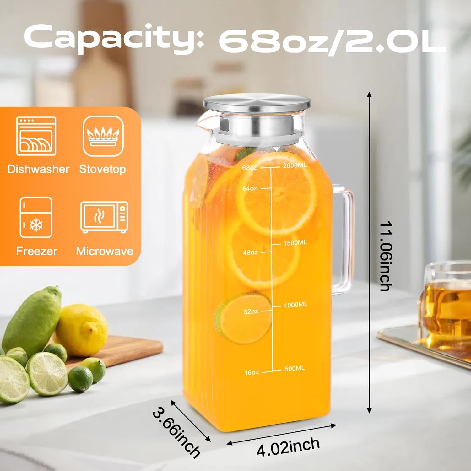 Aofmee 68oz Glass Pitcher with Lid, 2L Square Water Carafe for Refrigerator side door, Borosilicate Carafe for Water, Juice, Iced Tea