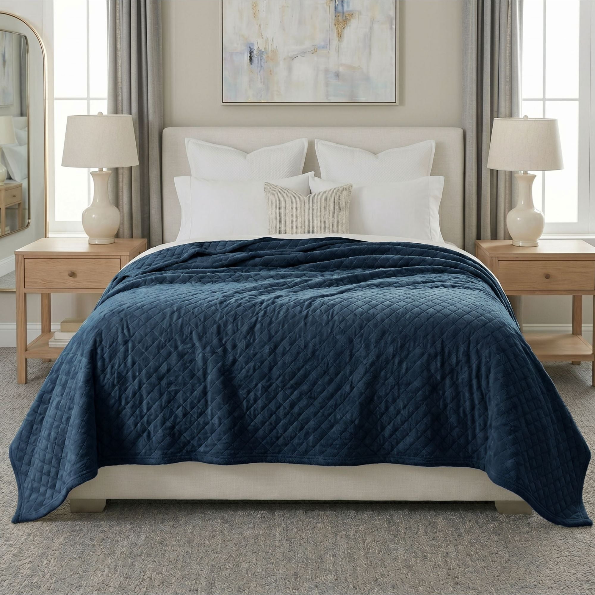 Superior Holly Grid Fluffy Fleece Blanket, Twin Size, Navy Blue