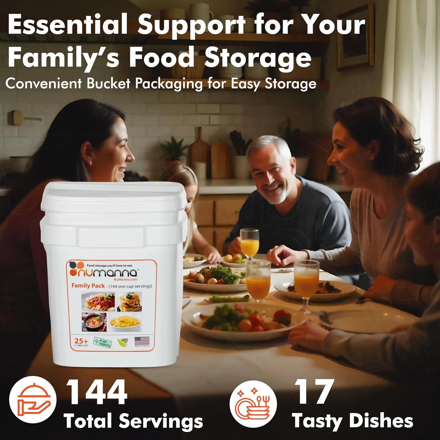 NuManna INT-NMFP 144 Meals, Emergency Survival Food Storage Kit, Separate Rations, in a Bucket, 25 Plus Year Shelf Life, GMO-Free