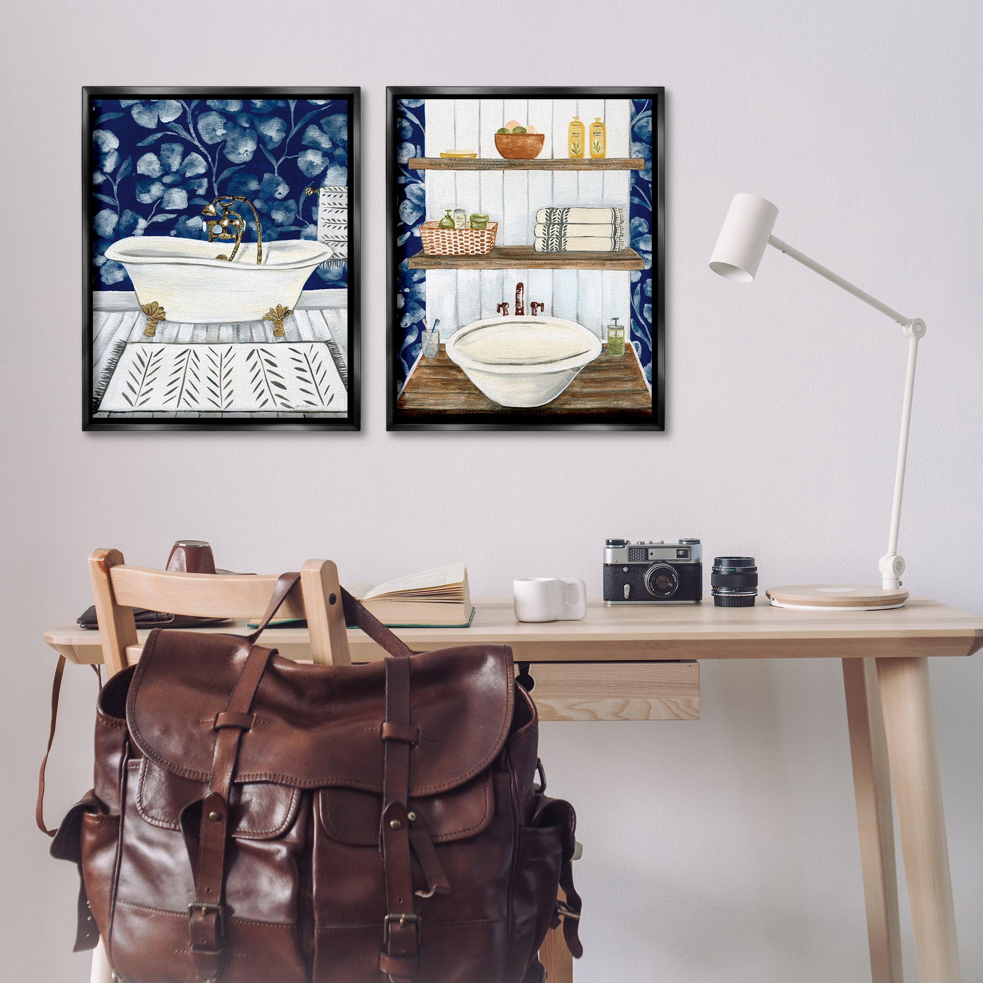 Stupell Industries Bold Painted Farmhouse Bathroom Bath & Laundry Painting Black Floater Framed Canvas Art Print Wall Art, 31 x 25, Set of 2