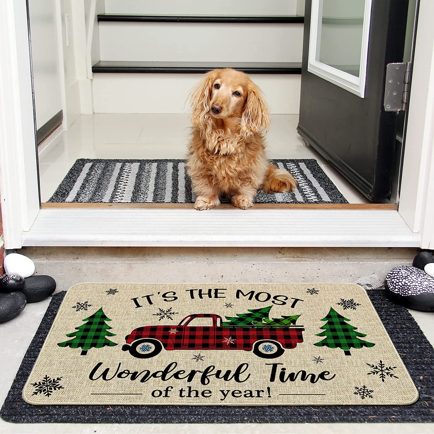 JOOCAR Christmas Mat, Blue Winter Snow Night Fawn Merry Christmas Tree  Christmas Mat for Home Kitchen Starter Home Front Door Welcome Indoor  Outdoor Decorative Mat Door Mat 