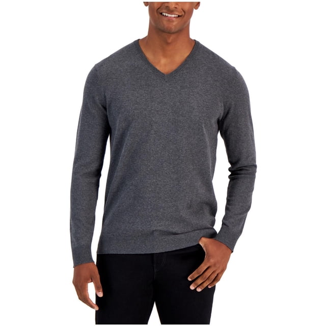 Alfani Chandail Col en V Uni pour Hommes, Gris, TTTG