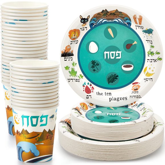 Tessco for you 120 Pcs Disposable Passover Tableware Set Seder Paper Plate and Cups Serve 40 People 9" 7" Pesach Green and White Plates Cup
