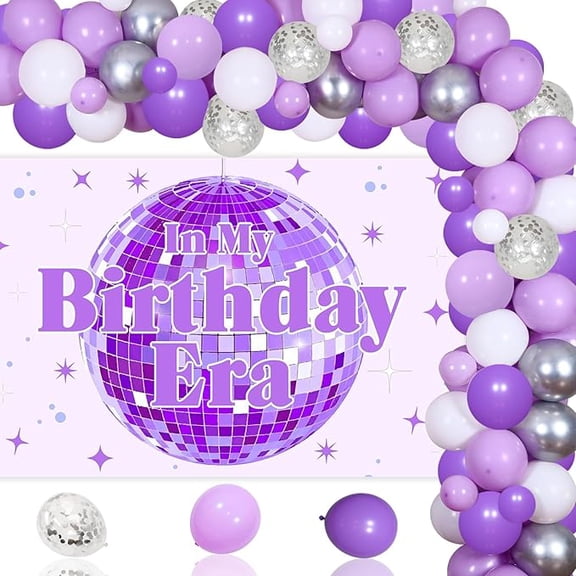In My Birthday Era Party Decorations Purple Disco Ball Birthday Party Decor Balloon Garland Arch Kit Star Disco Ball Backdrop for Girl Women Music Themed 21st Birthday Party Decor Supplies